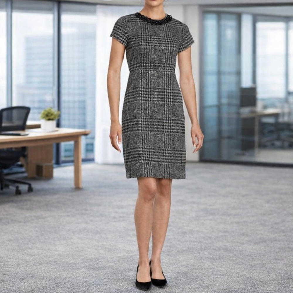 KARL LAGERFELD PARIS Black & Ivory Plaid Sheath Dress – Chain Neck Detail